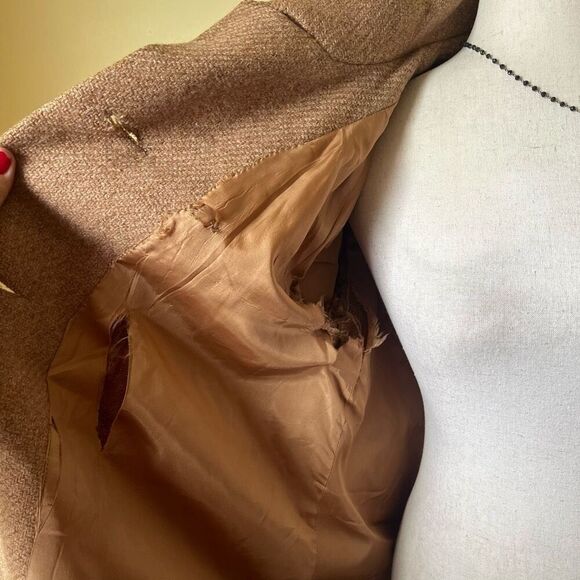 Vintage 60s Pure Wool Swing Coat Button Down Tan Brown Fur Collar Medium - Picture 9 of 13